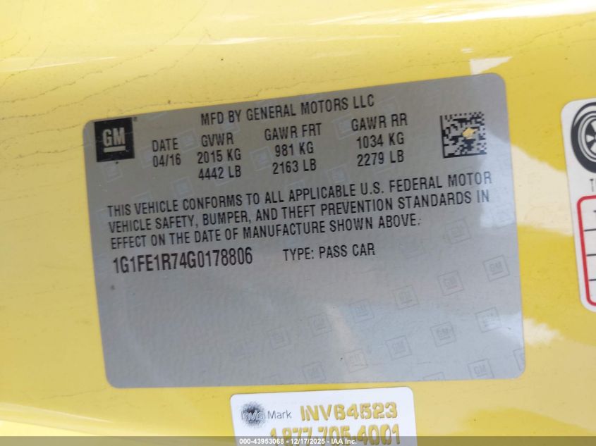 2016 Chevrolet Camaro 1Ss VIN: 1G1FE1R74G0178806 Lot: 43953068