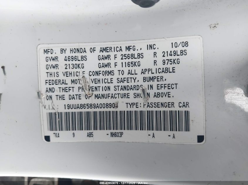 2009 Acura Tl 3.5 VIN: 19UUA86589A008906 Lot: 43953070