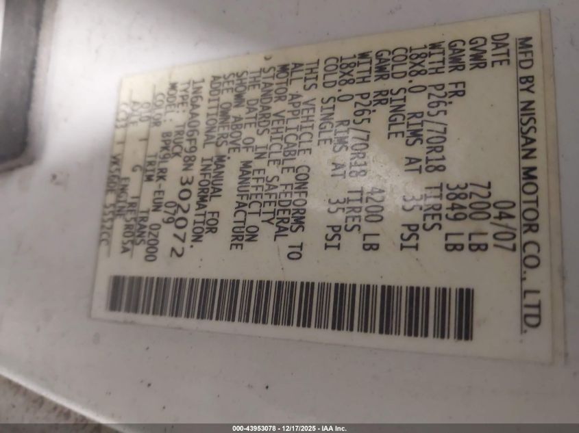 2008 Nissan Titan Xe VIN: 1N6AA06F98N302072 Lot: 43953078