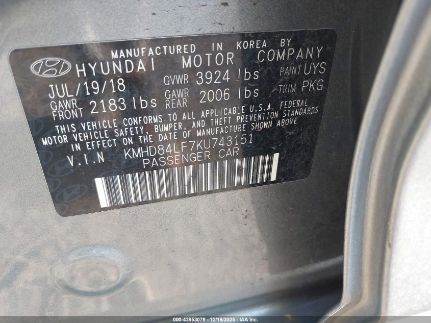 2019 Hyundai Elantra Sel VIN: KMHD84LF7KU743151 Lot: 43953079