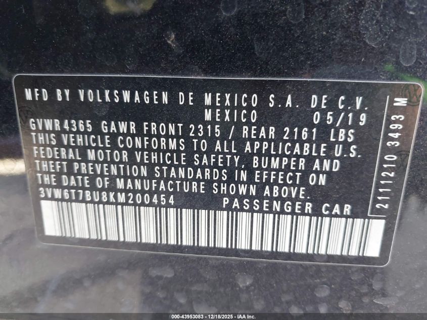 2019 Volkswagen Jetta Gli 2.0T 35Th Anniversary Edition/2.0T Autobahn/2.0T S VIN: 3VW6T7BU8KM200454 Lot: 43953083