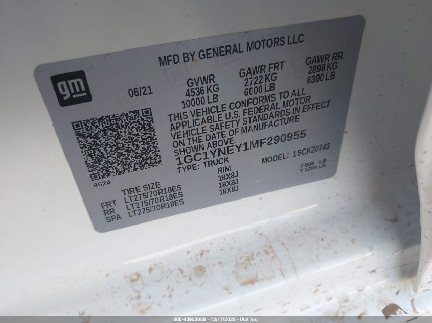 2021 Chevrolet Silverado 2500Hd 4Wd Standard Bed Lt VIN: 1GC1YNEY1MF290955 Lot: 43953088