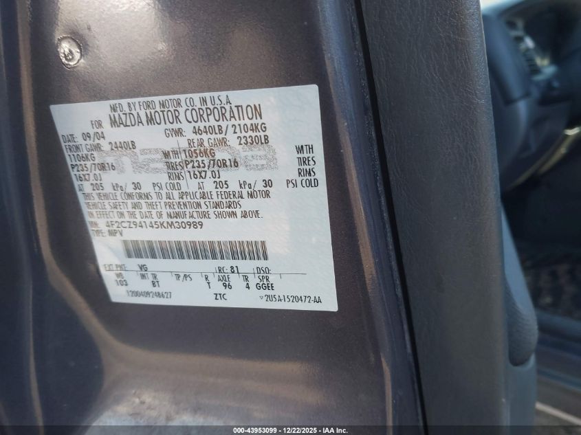 2005 Mazda Tribute S VIN: 4F2CZ94145KM30989 Lot: 43953099
