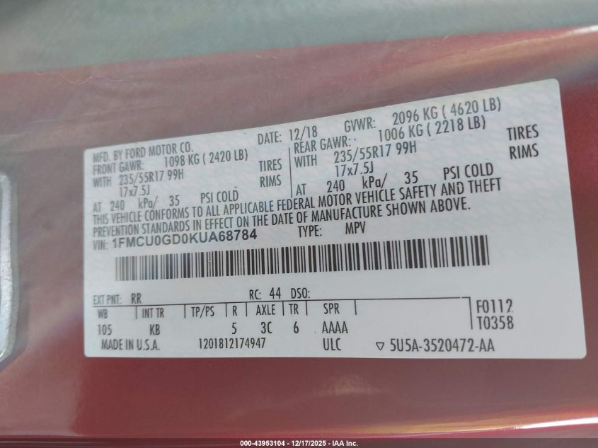 2019 Ford Escape Se VIN: 1FMCU0GD0KUA68784 Lot: 43953104