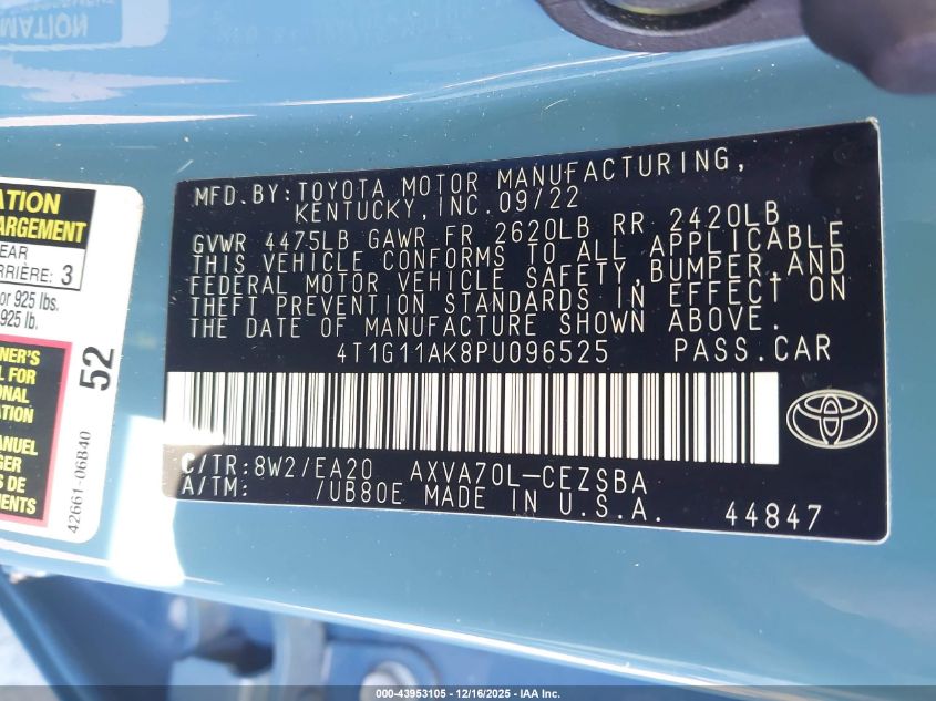 2023 Toyota Camry Se VIN: 4T1G11AK8PU096525 Lot: 43953105