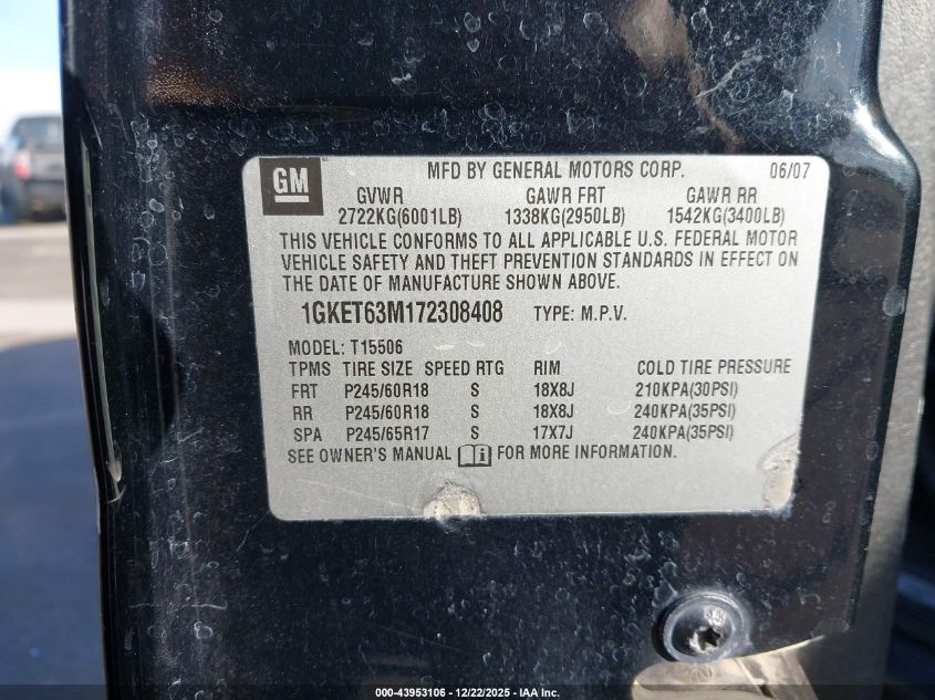 2007 GMC Envoy Denali VIN: 1GKET63M172308408 Lot: 43953106