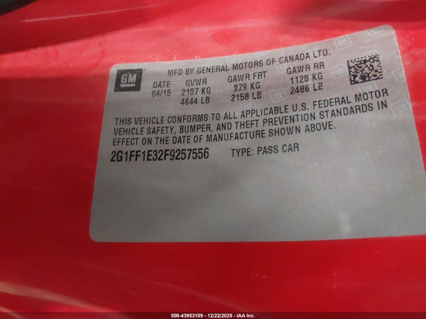 2015 Chevrolet Camaro 2Lt VIN: 2G1FF1E32F9257556 Lot: 43953109