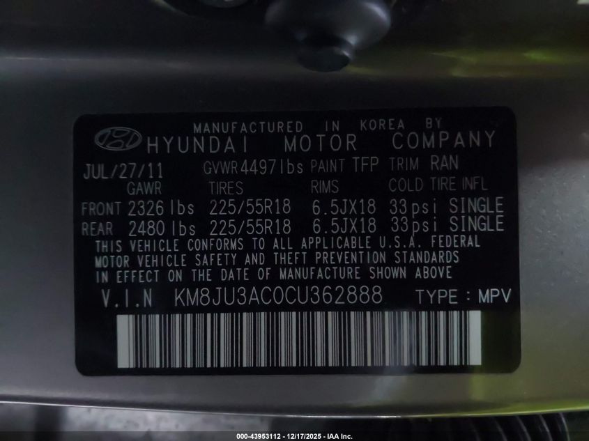 2012 Hyundai Tucson Limited VIN: KM8JU3AC0CU362888 Lot: 43953112