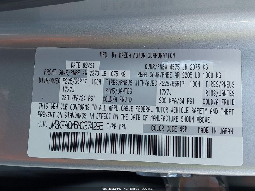 2021 Mazda Cx-5 Touring VIN: JM3KFACM6M0374296 Lot: 43953117