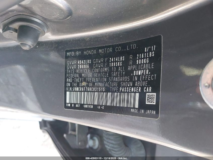 2017 Honda Accord Hybrid Touring VIN: JHMCR6F76HC031515 Lot: 43953119