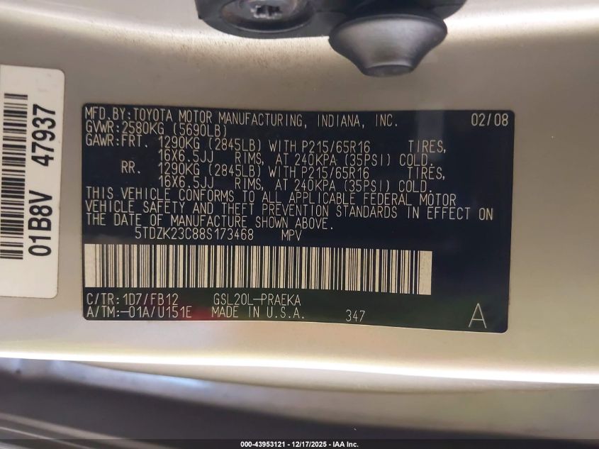 2008 Toyota Sienna Ce VIN: 5TDZK23C88S173468 Lot: 43953121