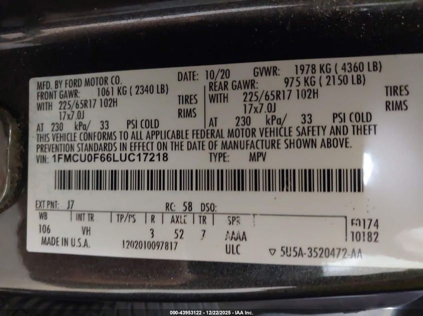 2020 Ford Escape S VIN: 1FMCU0F66LUC17218 Lot: 43953122
