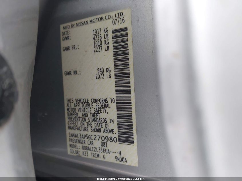 2016 Nissan Altima 2.5 Sv VIN: 1N4AL3AP5GC270980 Lot: 43953124