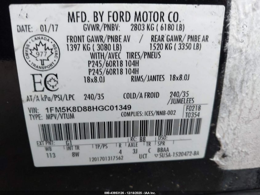 2017 Ford Explorer Xlt VIN: 1FM5K8D88HGC01349 Lot: 43953126