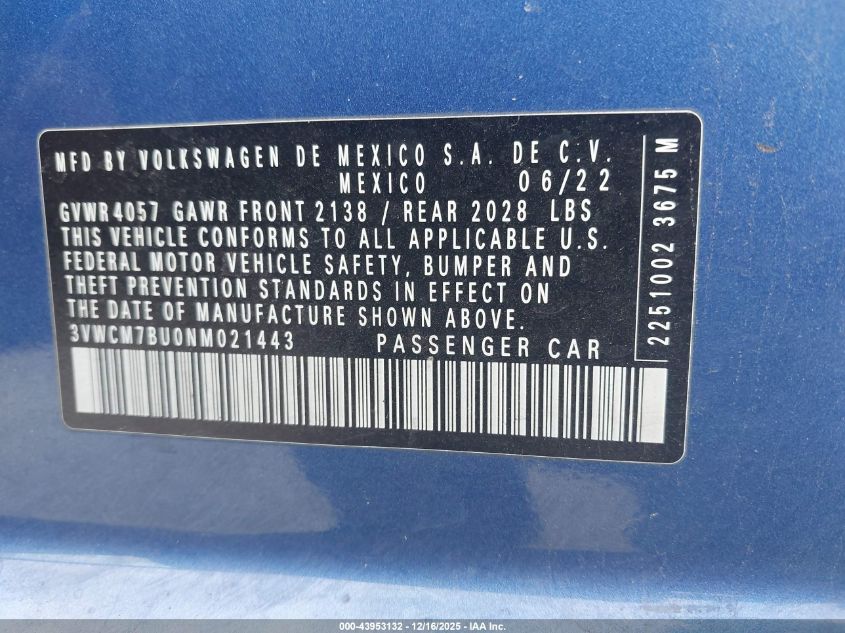 2022 Volkswagen Jetta 1.5T S VIN: 3VWCM7BU0NM021443 Lot: 43953132
