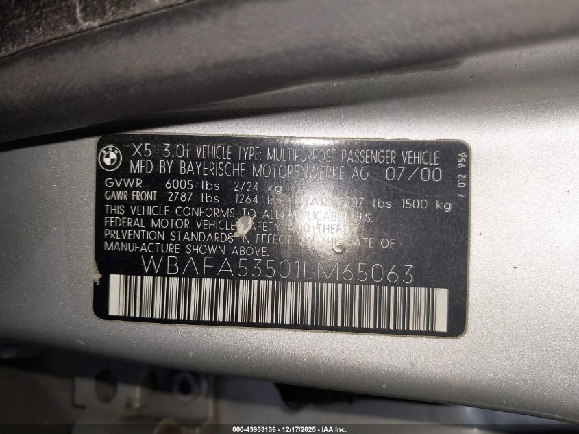 2001 BMW X5 3.0 VIN: WBAFA53501LM65063 Lot: 43953136
