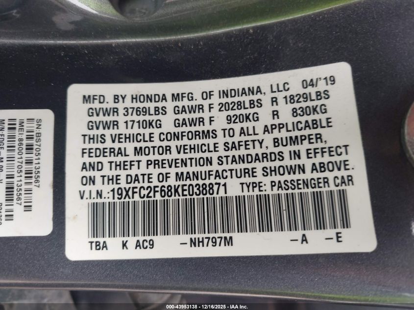 2019 Honda Civic Lx VIN: 19XFC2F68KE038871 Lot: 43953138