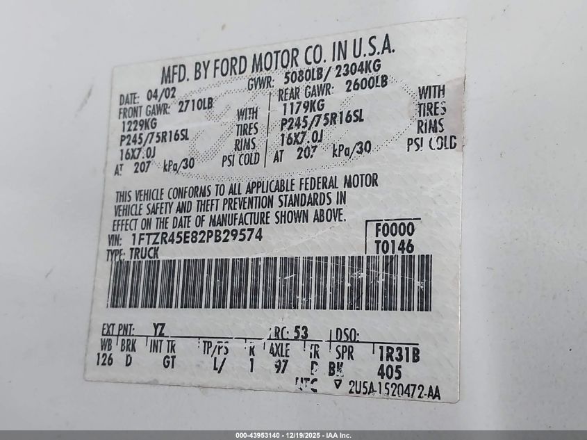 2002 Ford Ranger Edge/Xlt VIN: 1FTZR45E82PB29574 Lot: 43953140