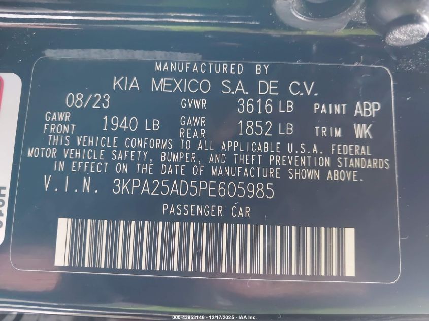 2023 Kia Rio 5-Door S VIN: 3KPA25AD5PE605985 Lot: 43953146