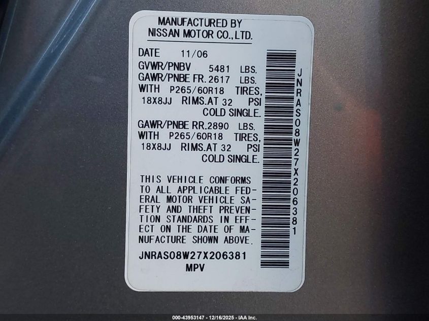 2007 Infiniti Fx35 VIN: JNRAS08W27X206381 Lot: 43953147