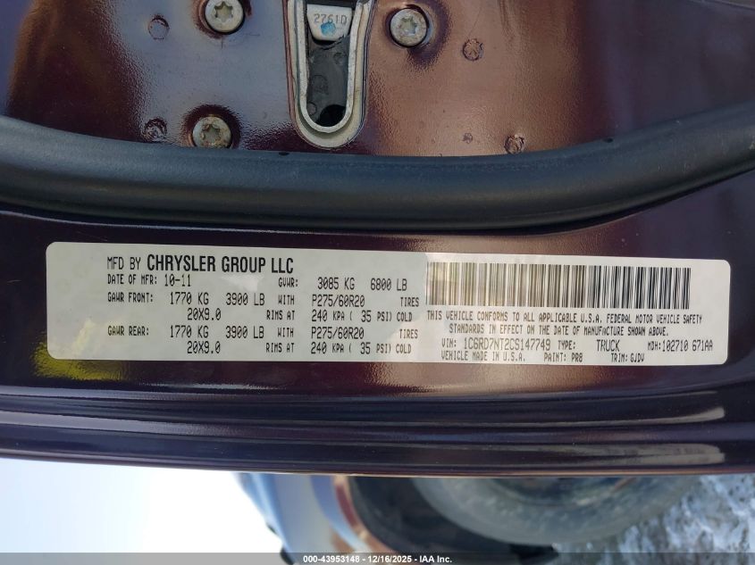 2012 Ram 1500 Laramie VIN: 1C6RD7NT2CS147749 Lot: 43953148