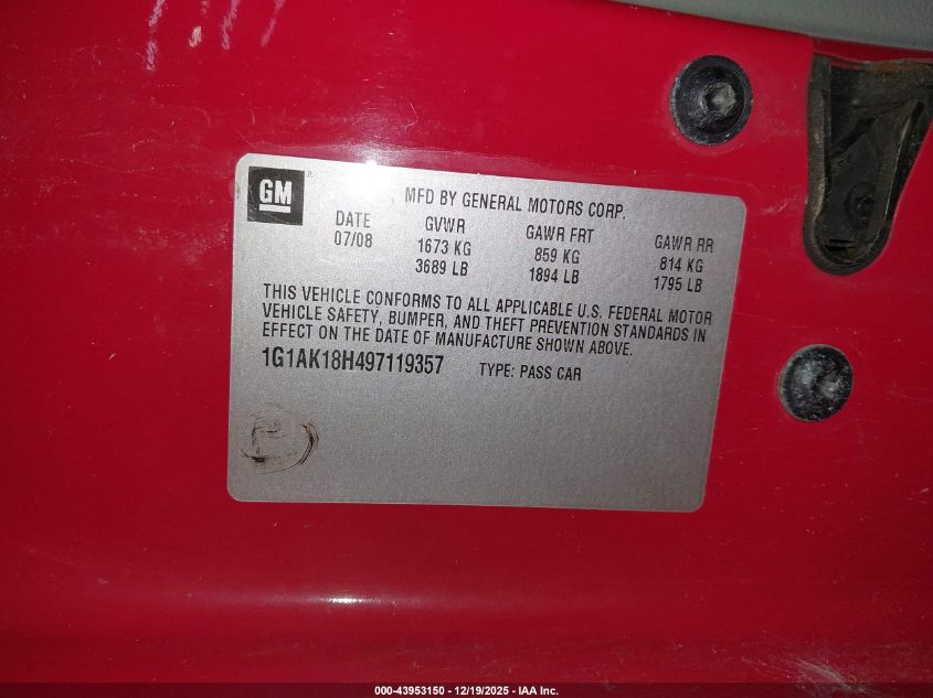 2009 Chevrolet Cobalt Ls VIN: 1G1AK18H497119357 Lot: 43953150