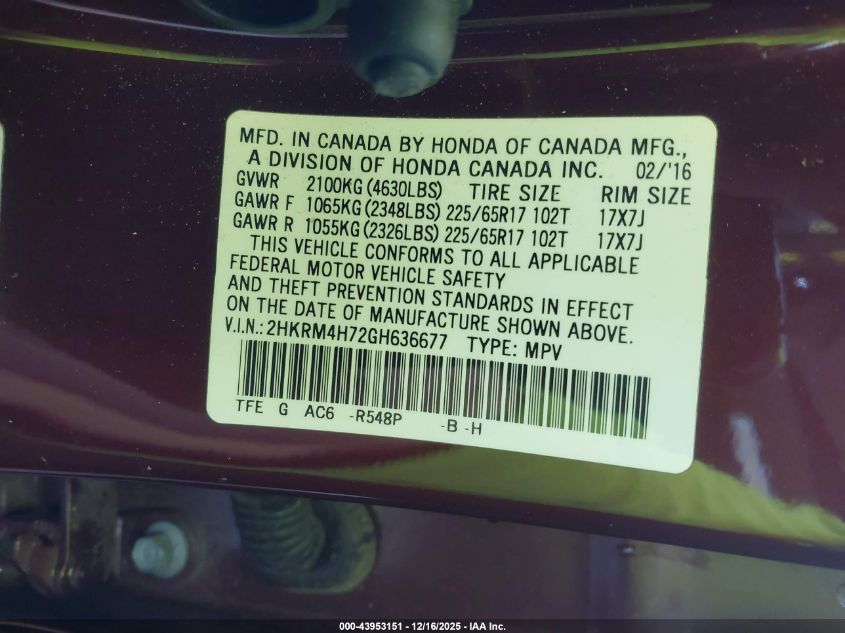 2016 Honda Cr-V Ex-L VIN: 2HKRM4H72GH636677 Lot: 43953151