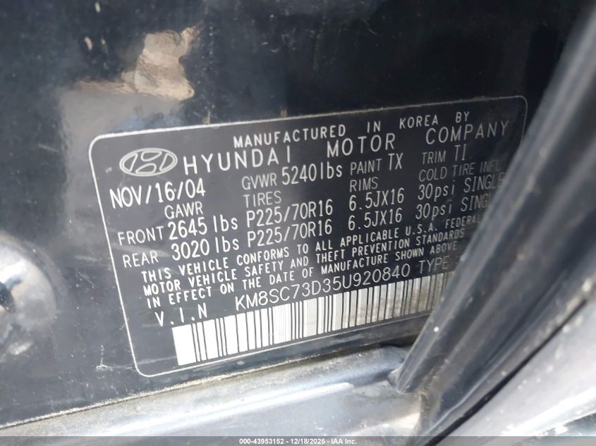 2005 Hyundai Santa Fe Gls VIN: KM8SC73D35U920840 Lot: 43953152