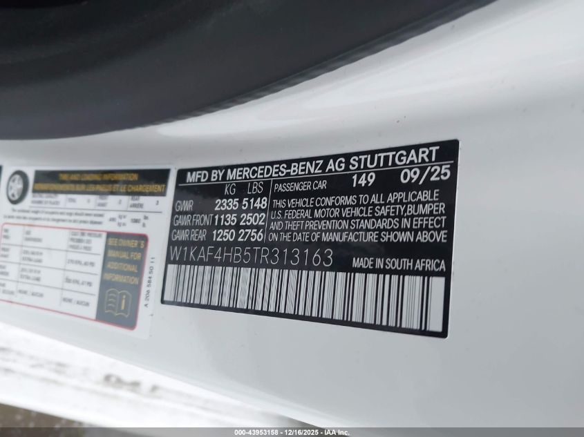 2026 Mercedes-Benz C 300 VIN: W1KAF4HB5TR313163 Lot: 43953158