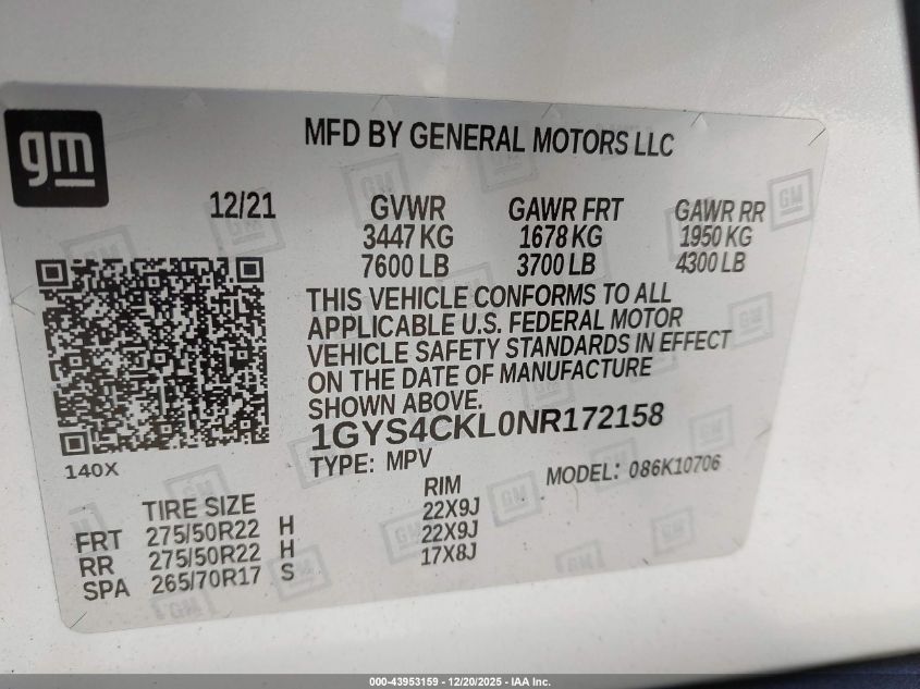 2022 Cadillac Escalade 4Wd Premium Luxury VIN: 1GYS4CKL0NR172158 Lot: 43953159