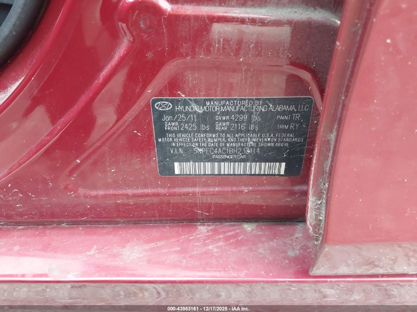 2011 Hyundai Sonata Se VIN: 5NPEC4AC1BH233114 Lot: 43953161