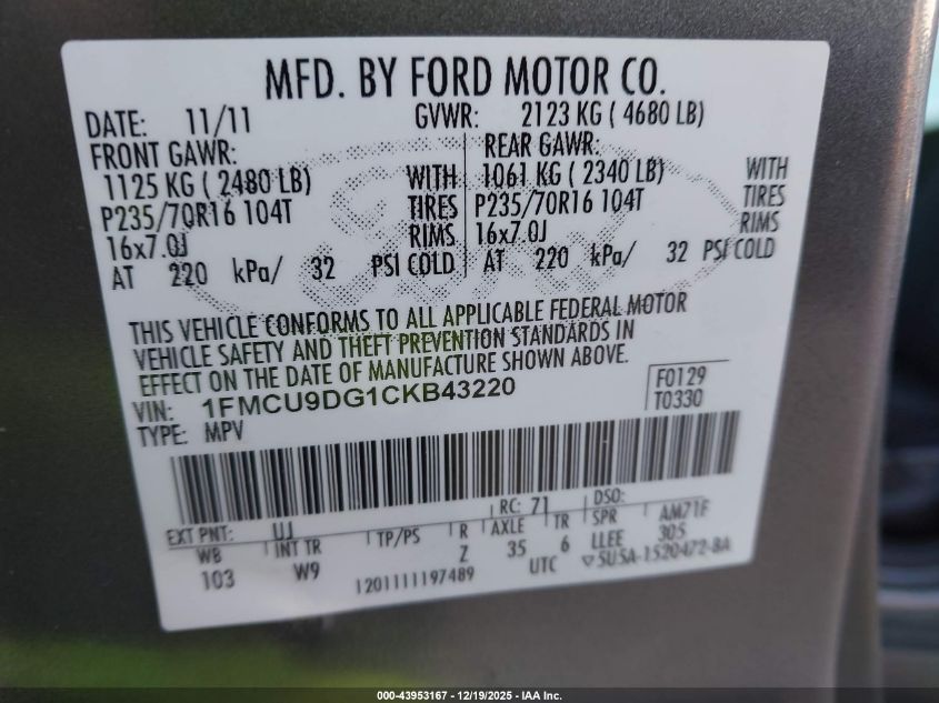 2012 Ford Escape Xlt VIN: 1FMCU9DG1CKB43220 Lot: 43953167