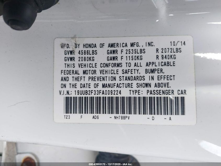 2015 Acura Tlx V6 VIN: 19UUB2F33FA009224 Lot: 43953170