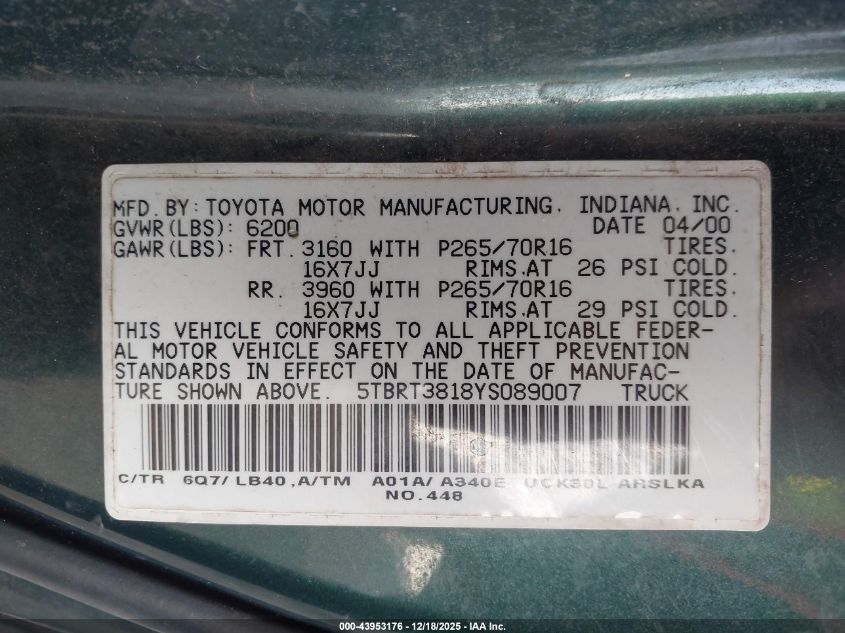 2000 Toyota Tundra Ltd V8 VIN: 5TBRT3818YS089007 Lot: 43953176