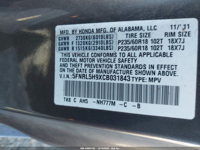 2012 Honda Odyssey Touring/Touring Elite VIN: 5FNRL5H9XCB031843 Lot: 43953182