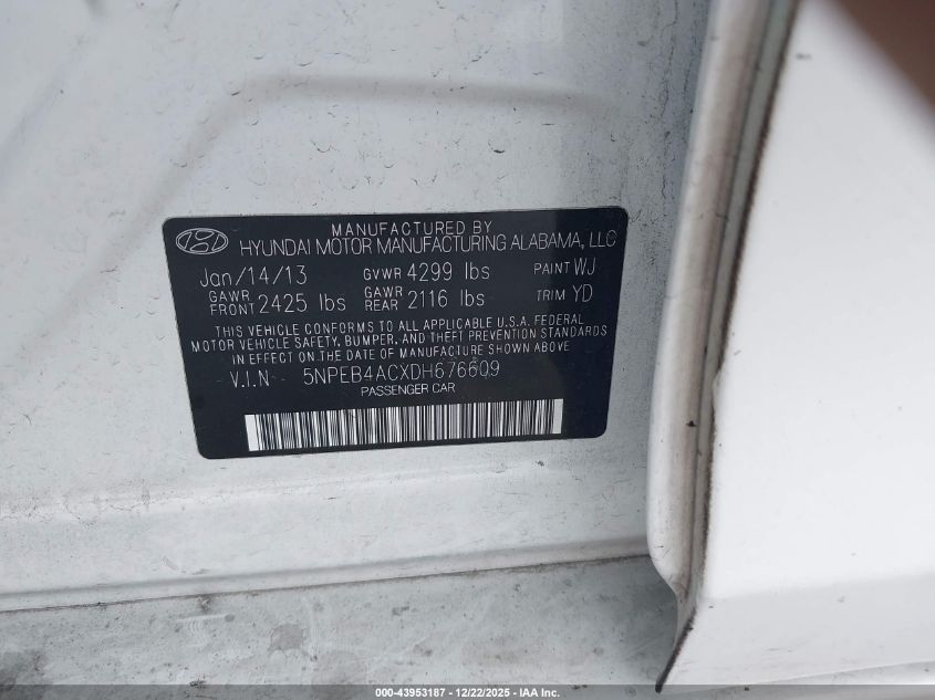 2013 Hyundai Sonata Gls VIN: 5NPEB4ACXDH676609 Lot: 43953187