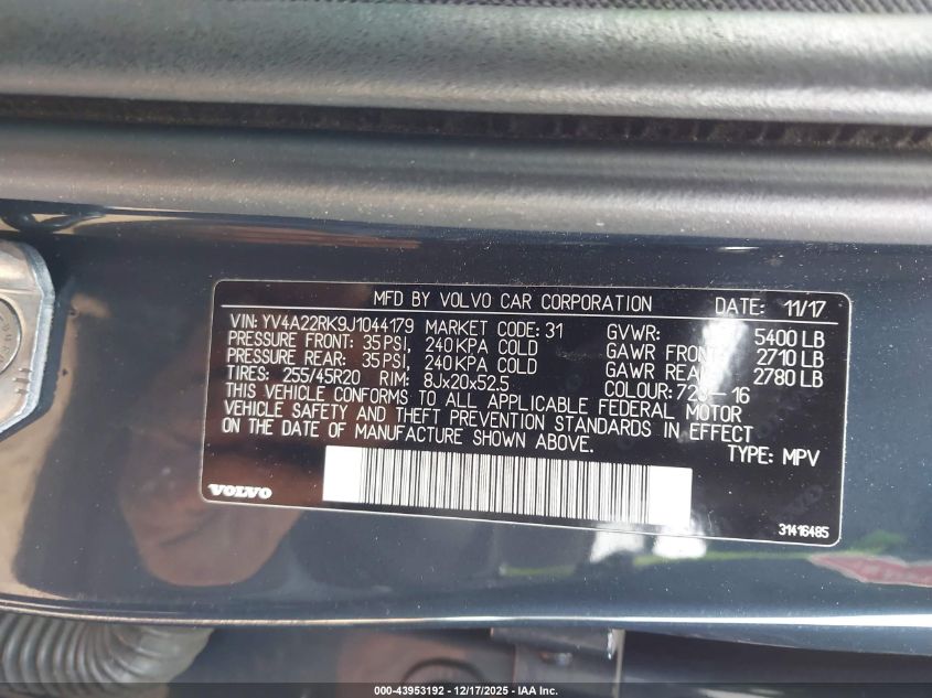 2018 Volvo Xc60 T6 Momentum VIN: YV4A22RK9J1044179 Lot: 43953192