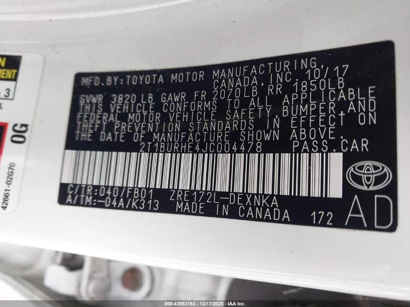 2018 Toyota Corolla Le VIN: 2T1BURHE4JC004478 Lot: 43953193