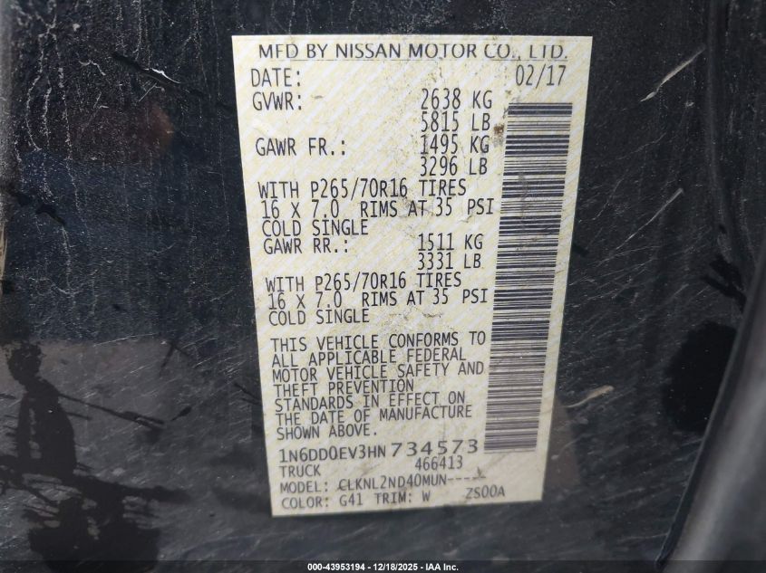 2017 Nissan Frontier Sv VIN: 1N6DD0EV3HN734573 Lot: 43953194