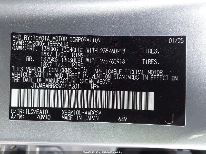 2025 Lexus Rz 300E VIN: JTJABABB8SA008201 Lot: 43953195