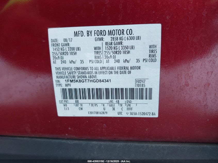 2017 Ford Explorer Sport VIN: 1FM5K8GT7HGD84341 Lot: 43953198