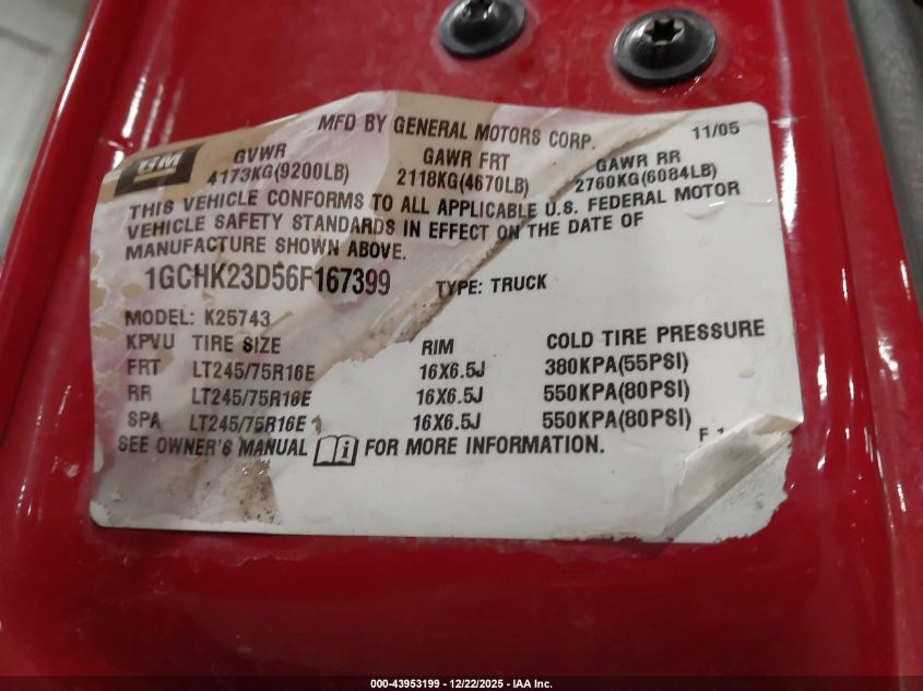 2006 Chevrolet Silverado 2500Hd Lt3 VIN: 1GCHK23D56F167399 Lot: 43953199