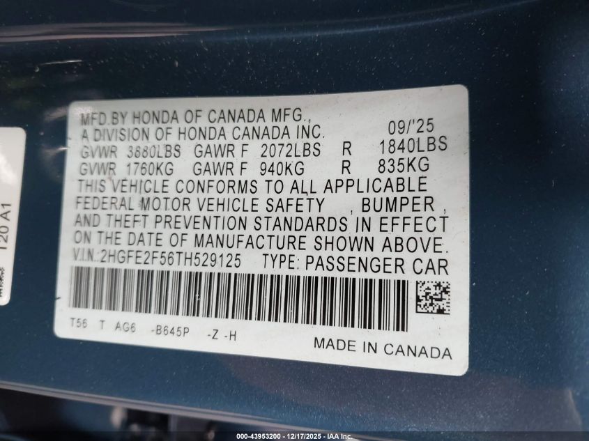 2026 Honda Civic Sport VIN: 2HGFE2F56TH529125 Lot: 43953200