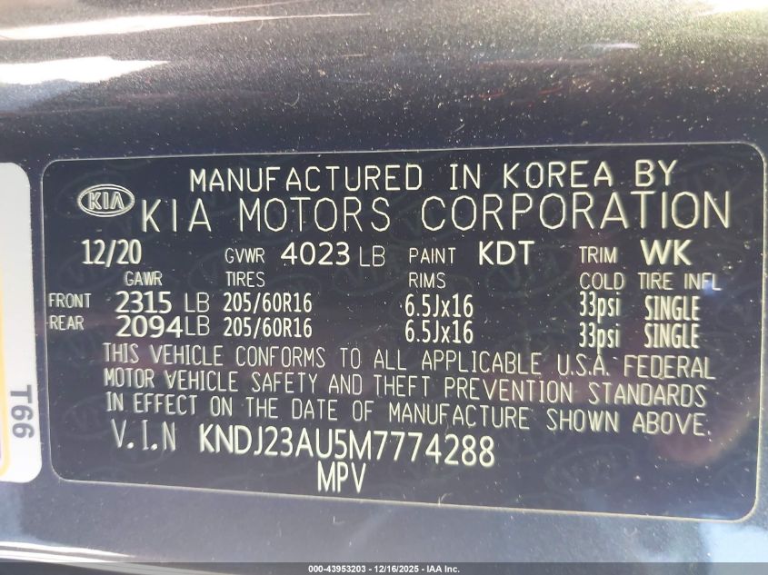 2021 Kia Soul S VIN: KNDJ23AU5M7774288 Lot: 43953203