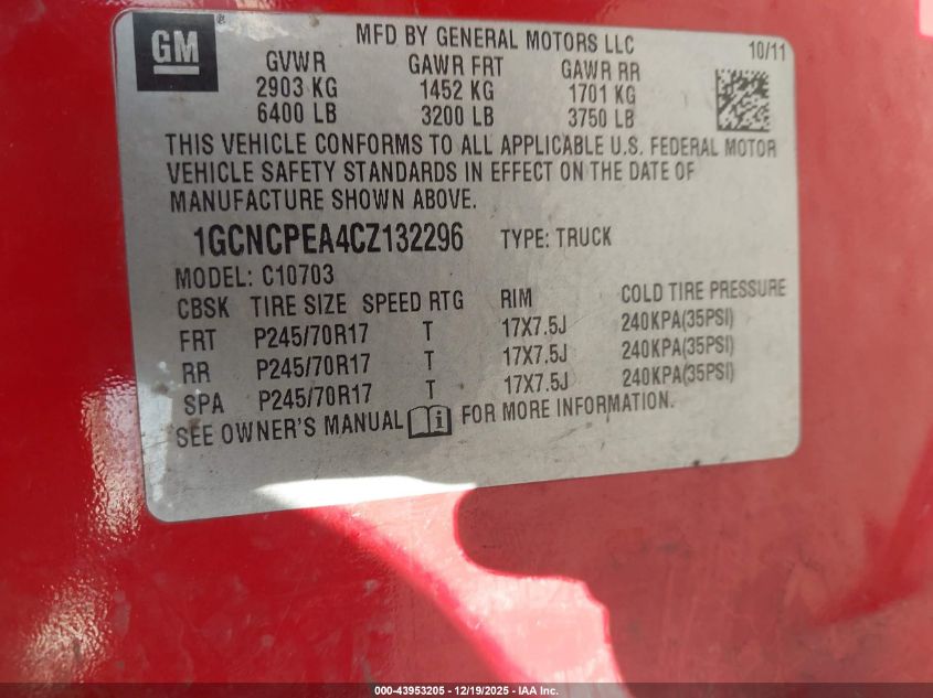 2012 Chevrolet Silverado 1500 Work Truck VIN: 1GCNCPEA4CZ132296 Lot: 43953205