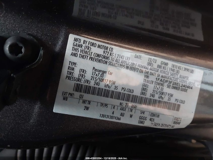 2014 Ford Focus Se VIN: 1FADP3F28EL240464 Lot: 43953204