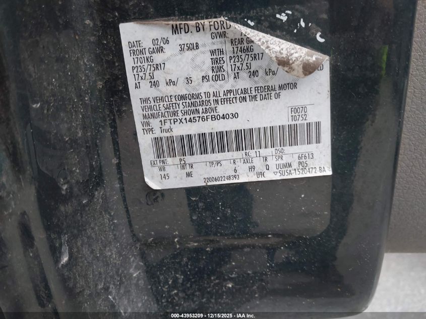 2006 Ford F-150 Fx4/Lariat/Xl/Xlt VIN: 1FTPX14576FB04030 Lot: 43953209