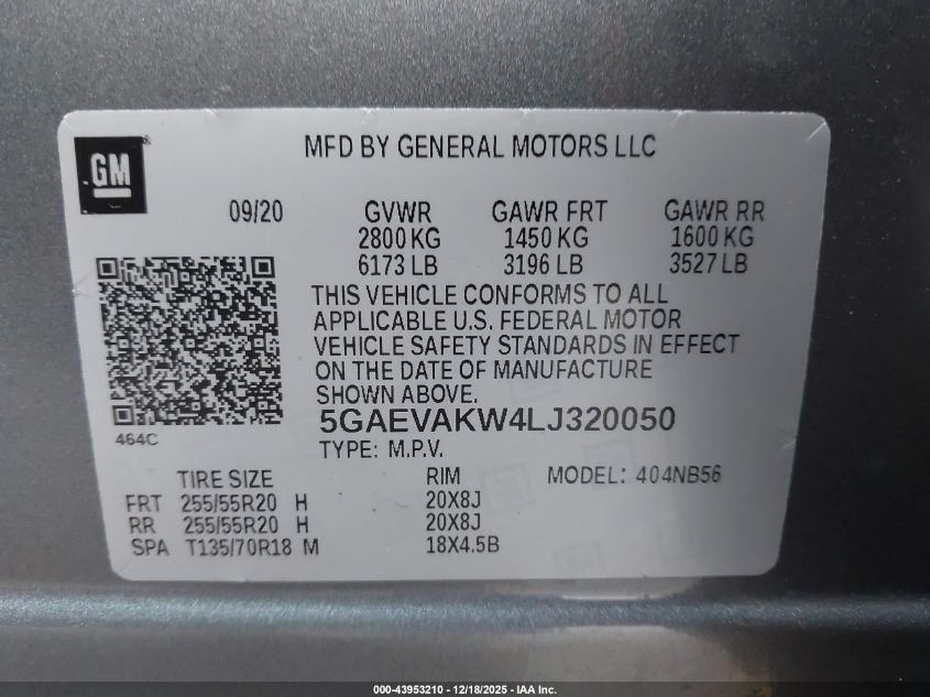 2020 Buick Enclave Awd Essence VIN: 5GAEVAKW4LJ320050 Lot: 43953210