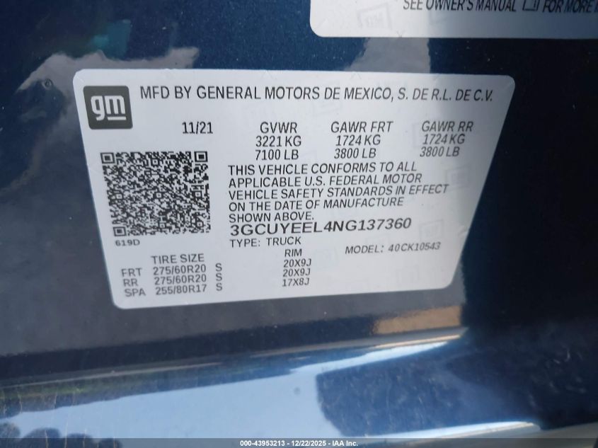 2022 Chevrolet Silverado 1500 Ltd 4Wd Short Bed Rst VIN: 3GCUYEEL4NG137360 Lot: 43953213