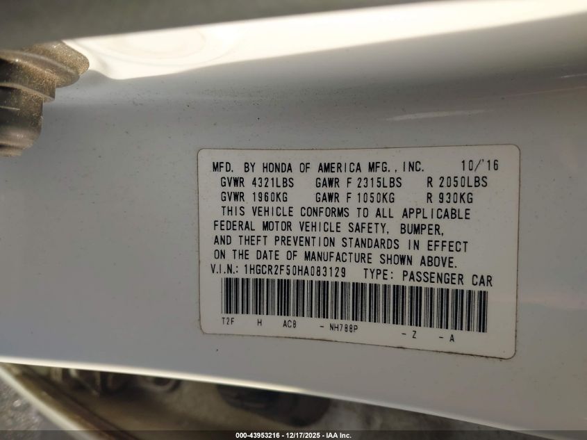 2017 Honda Accord Sport VIN: 1HGCR2F50HA083129 Lot: 43953216